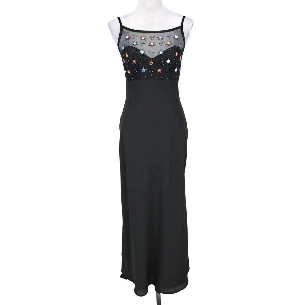Morgan and Co Dress Gown Womens 4 Black Chiffon Beads Back Zip Linda Bernell